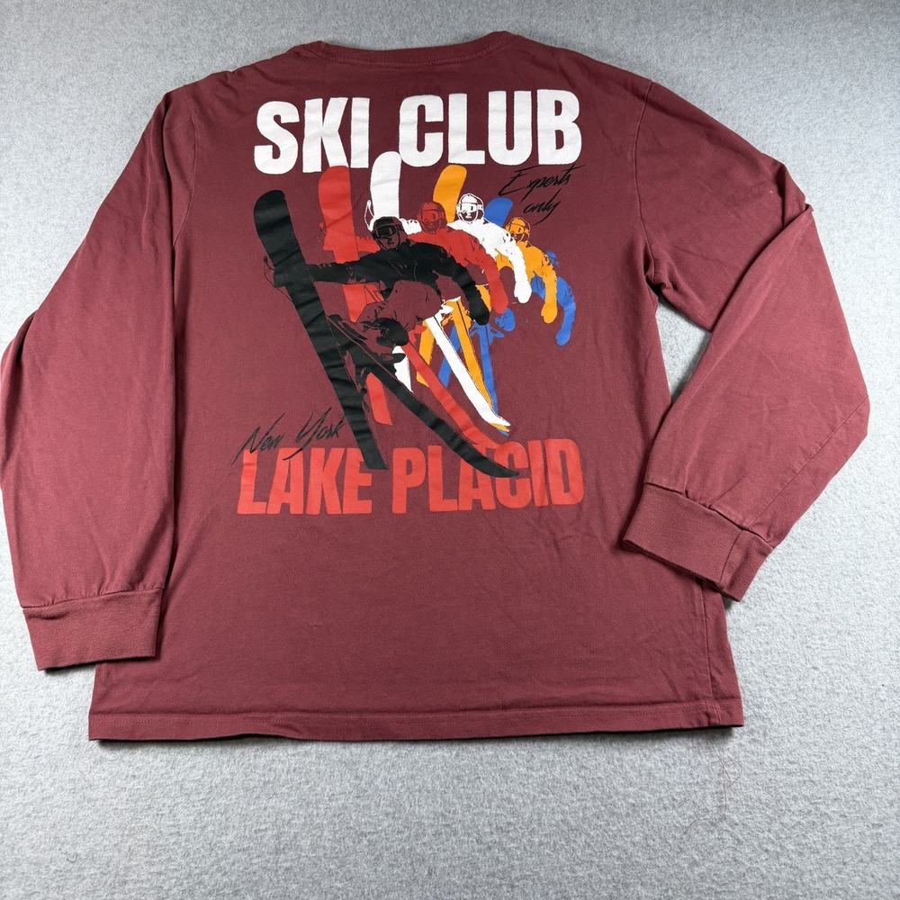 Y2K Mad Engine Lake Placid Ski Club Long Sleeve Shirt Red Medium Retro Gorpcore